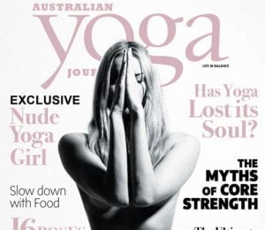 Image showing the top half of this month's cover of the australian yoga magazine. It features nude yoga girl.